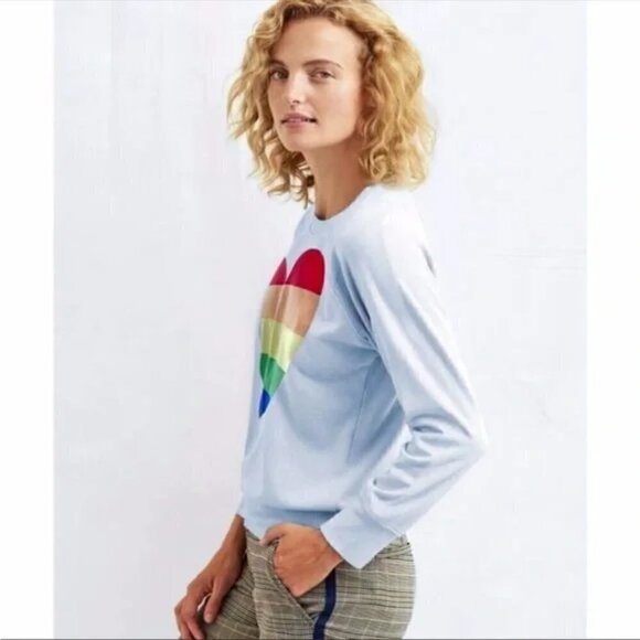 New Sundry Rainbow Striped Heart Long Sleeve Blue Pullover Sweatshirt NWT 1/S - Picture 1 of 9